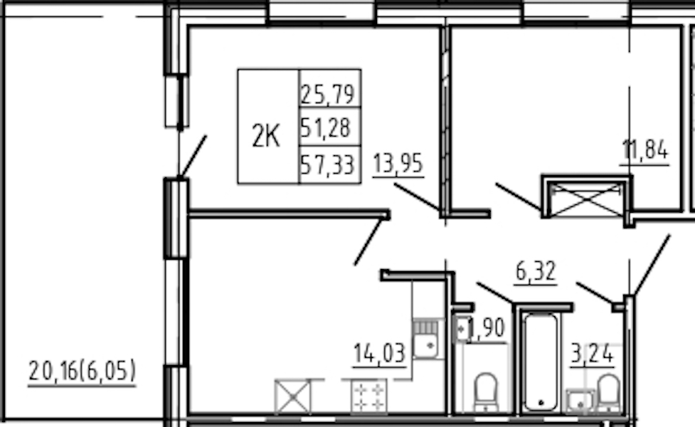 2-комнатная квартира 57.33 м², 1/5 эт., Комплекс апартаментов «Bereg. Курортный»